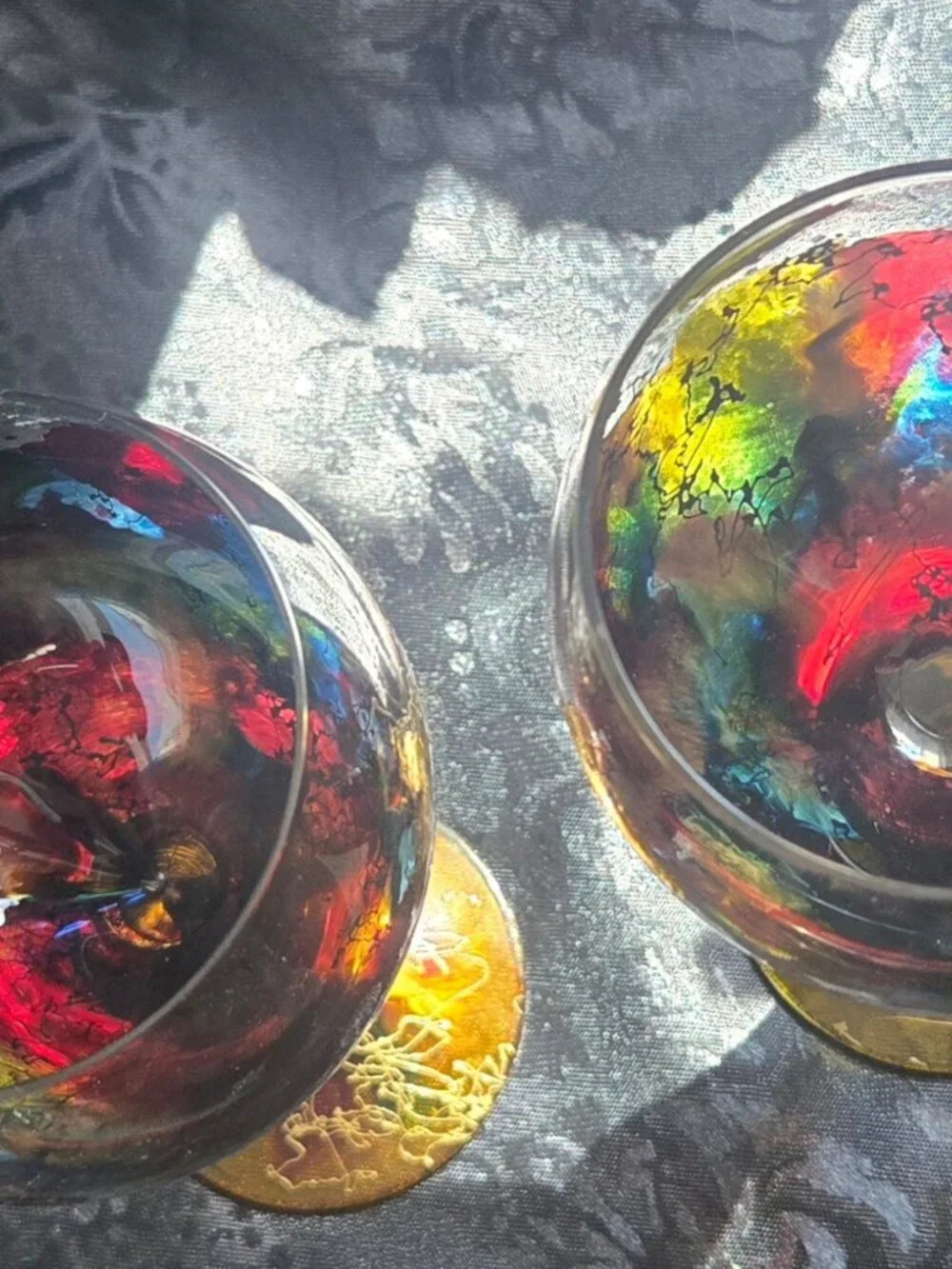 MONACO MONARCH Pair of Abstract Colorful Crystal Balloon Wine Stem Goblets